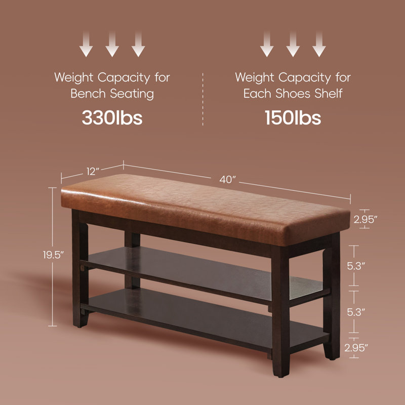 40" Solid Wood Shoe Bench with Cushion, 2-Tier Entryway Storage Bench, Tan