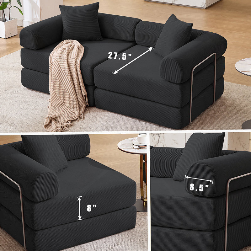 Canapé-lit modulaire convertible pour petits espaces, aucun assemblage requis, tissu en velours côtelé avec accoudoirs amovibles et structure de forme fixe