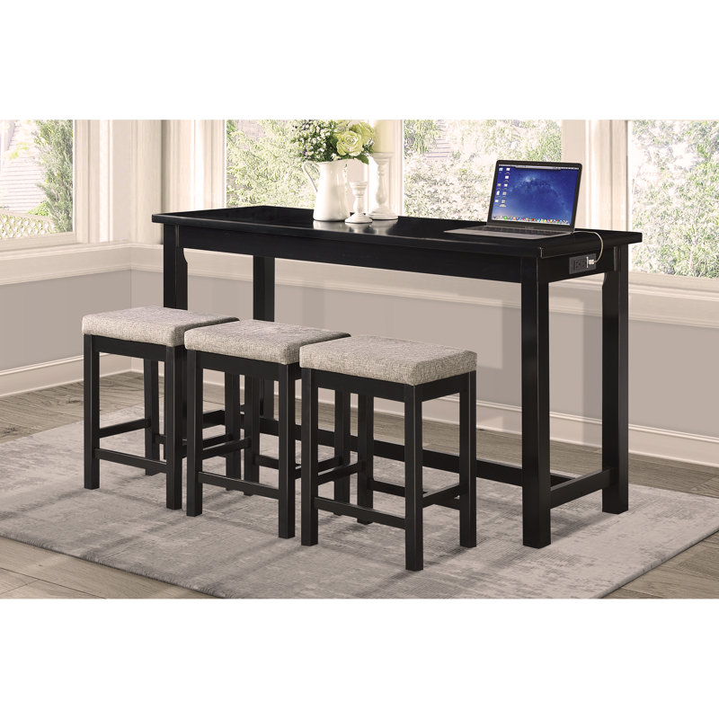 Black Wood Counter Height Dining Set with USB Ports and Stools