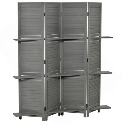 HOMCOM 4-Panel Folding Room Divider, 5.6 Ft Freestanding Paulownia Wood Privacy Screen Panel With Storage Shelves For Bedroom Or Office, Gray
