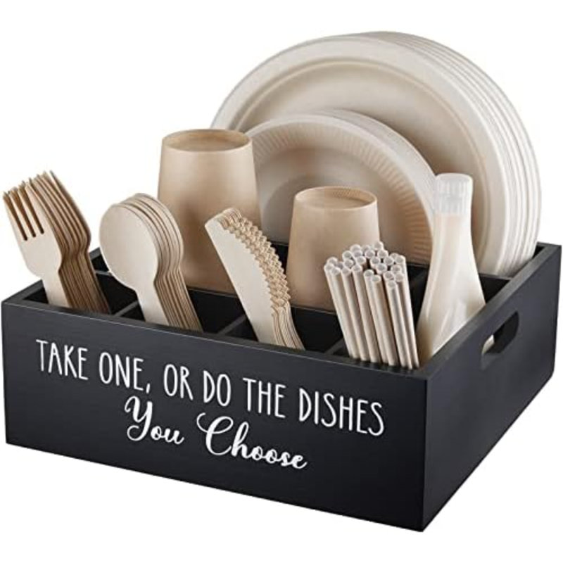 Distributeur d'assiettes en papier pour comptoir - Organisateur de porte-ustensiles en bois pour la fête - Porte-ustensiles pour assiette, tasse, fourchette, cuillère - Porte-couverts avec poignées pour cuisine