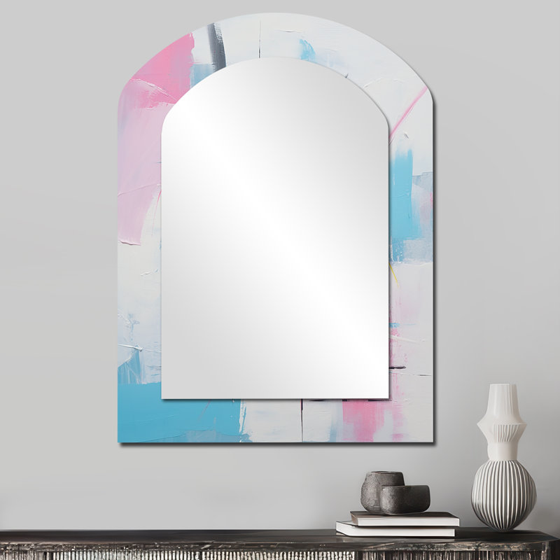 Subtil pastel rose Strokes - peinture abstraite arche miroir, miroir mural décoratif asymétrique bleu, impression d'art en métal