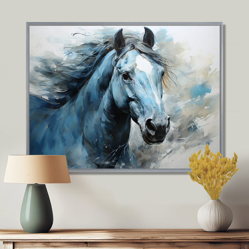 «Blue Horse Vibrant Blue Equine I», art mural grand cheval, H 30 po x l 40 po x P 1,5 po, Encadrement argenté