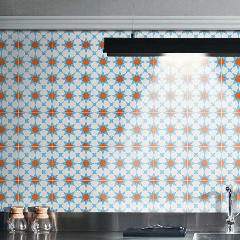 Medina 8" x 8" Cement Patterned Wall & Floor Tile, Blue/White/Orange