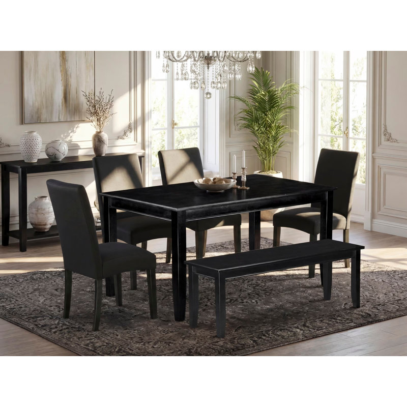 6 Piece Dining Room Table Set Contains a Rectangle Wooden Table and 4 Black Color Linen Fabric Upholstered Chairs with a Bench, 36x60 Inch, Black