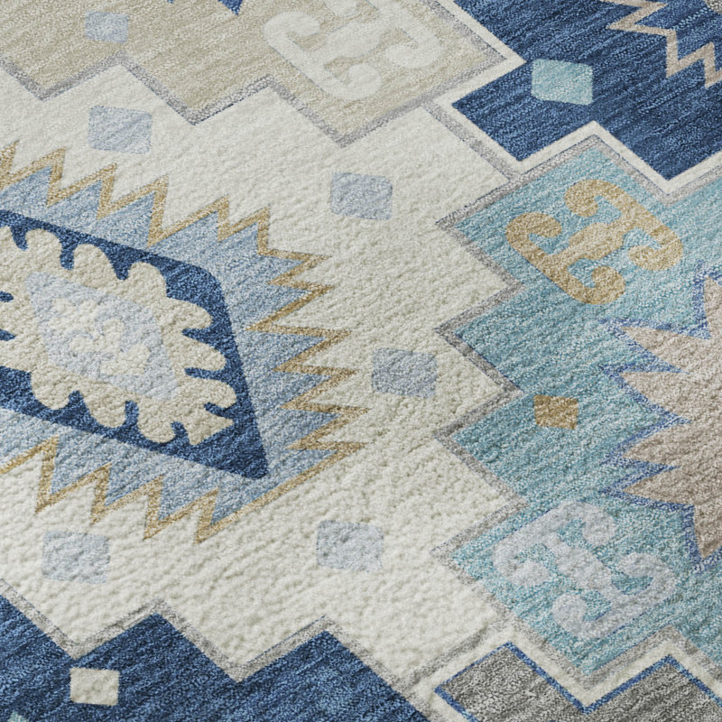 Premium Machine Washable Mayfield  Ethnic Rug, Blue, 8' Round