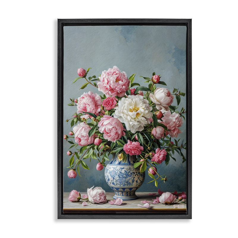Toile flottante avec pivoines par Roozbeh Bahramali, H 25 po x l 17 po, Cadre flottant noir de jais