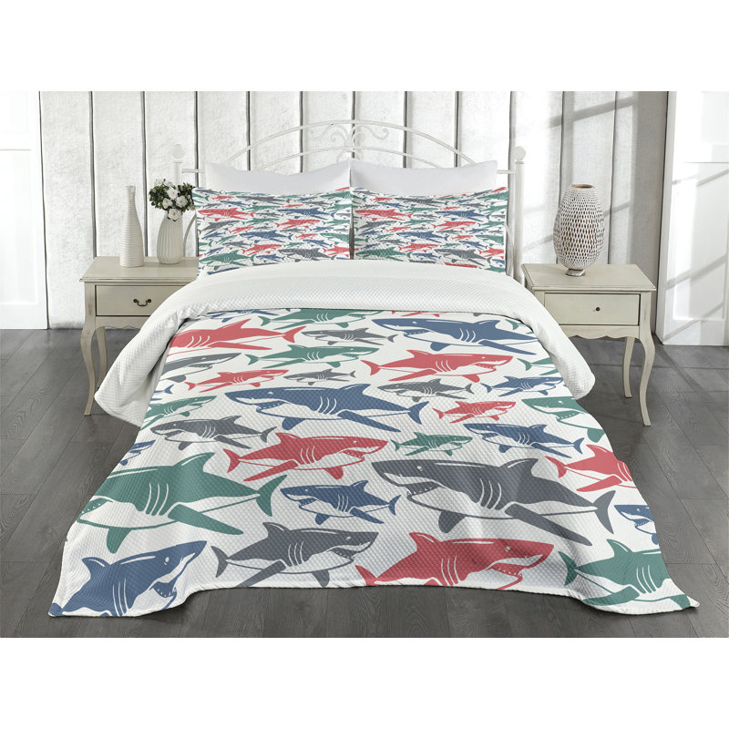 Ambesonne Fish Bedspread Set Colorful Shark Patterns Multicolor, King Coverlet / Bedspread + 2 Standard Shams