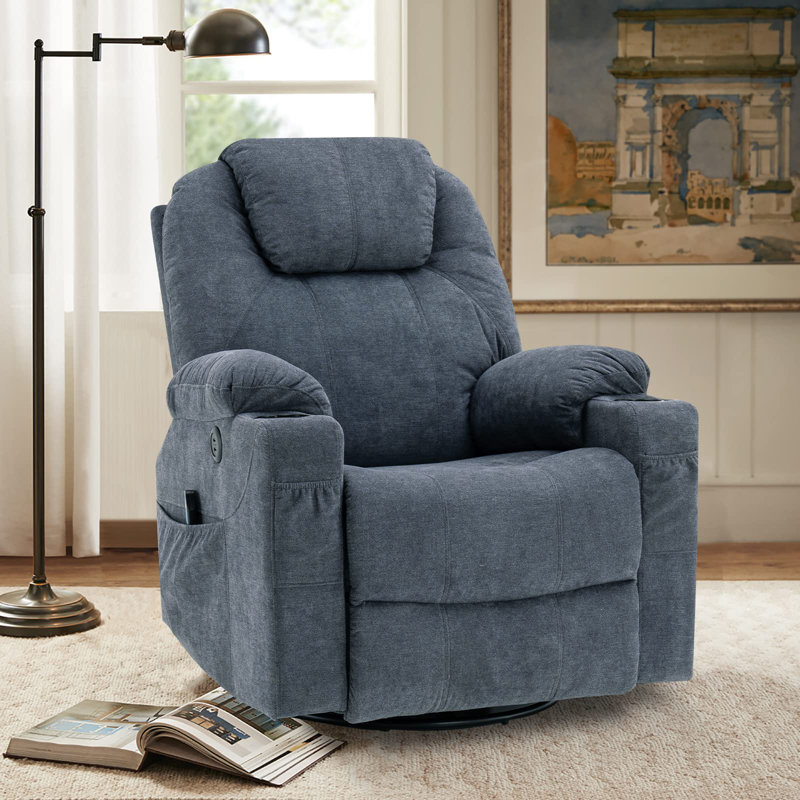 Upholstered Recliner, Gray Blue Polyester Blend
