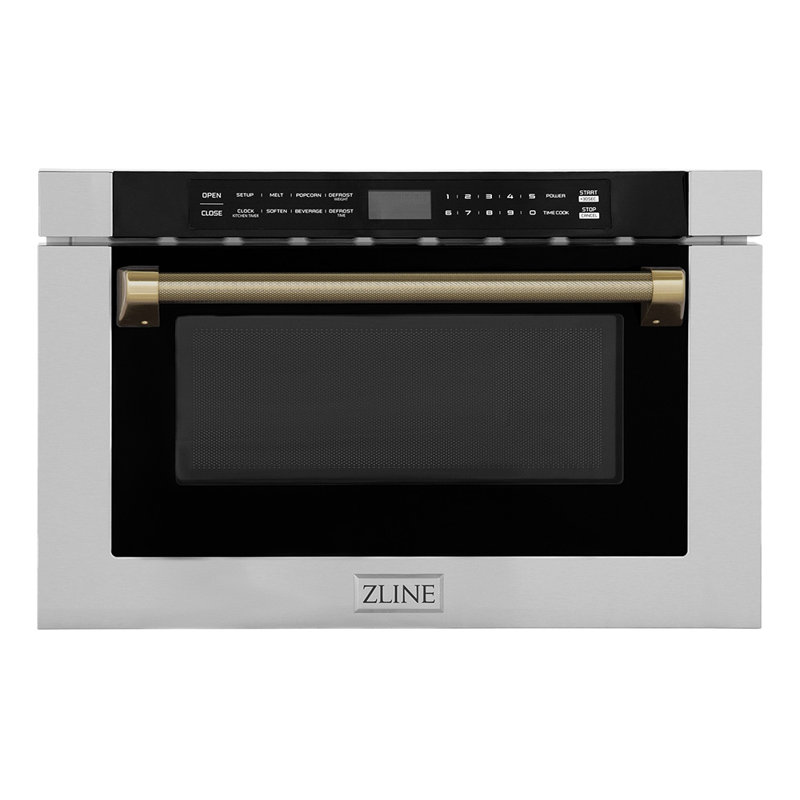 ZLINE Autograph 24 in. Microwave Drawer in Black Stainless Steel and Polished Gold Helix Handle, Black/Gold