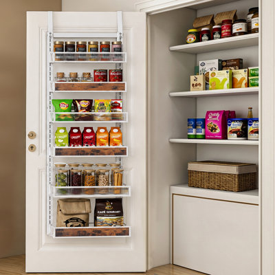 White 6-Tier Wood and Acrylic Over the Door Pantry Organizer, 180 lbs Heavy Duty Hanging Spice Rack & Wall Mounted Storage Single
