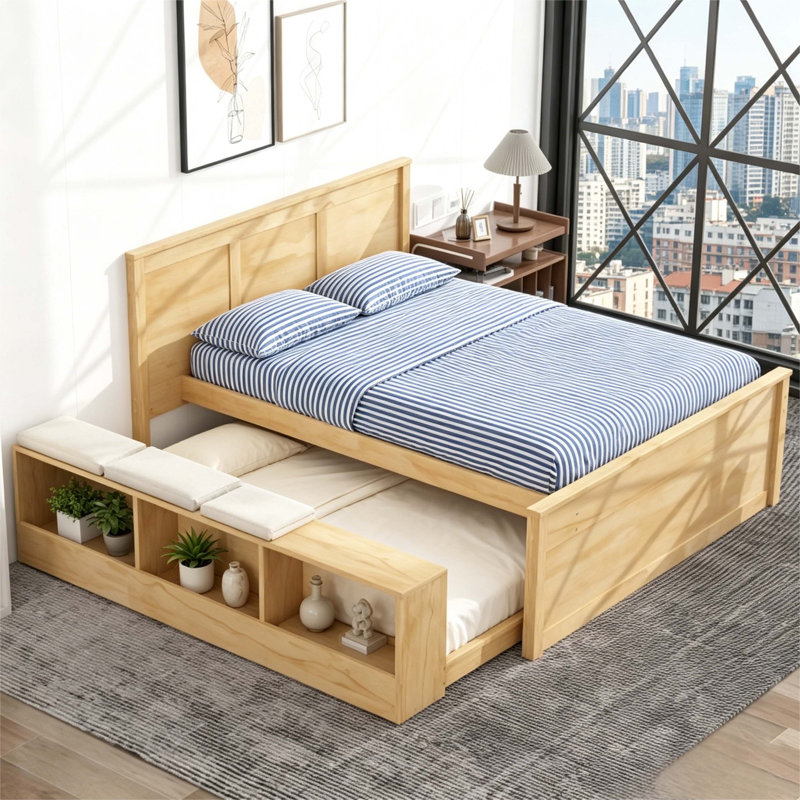 Lit plateforme en bois naturel avec lit gigogne et banc de rangement, aucun sommier tapissier requis, Double