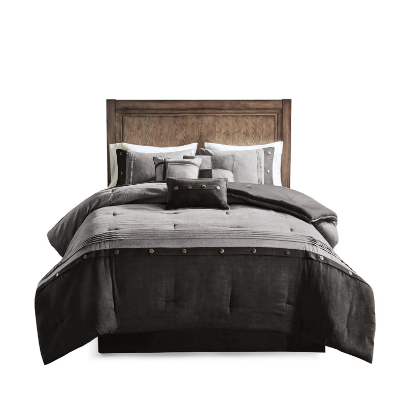 Édredon en faux suède 7 pièces pour grand lit de style chalet gris avec boutons décoratifs, doux et lavable à la machine