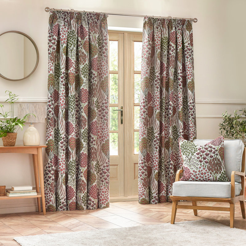 Ophelia Floral Jacquard Pencil Pleat Curtains, Red, 168cm Width x 137cm Drop
