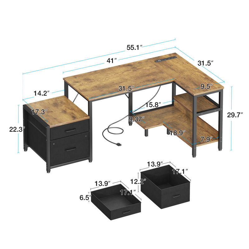Writing Desk With Recessed Power Outlets, Home Office Desk With A Printer Cabinet,reversible Computer Desk With Pc Stand,corner Desk With Sturdy Structure