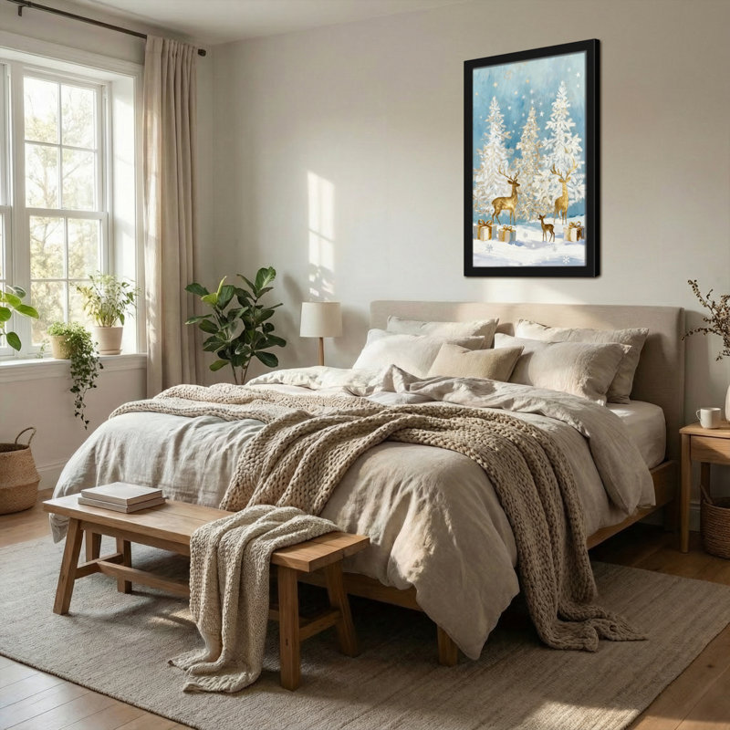 Animaux, cerfs dorés, arbres enneigé, boîtes-cadeaux, scène d'hiver, H 18 po x l 12 po