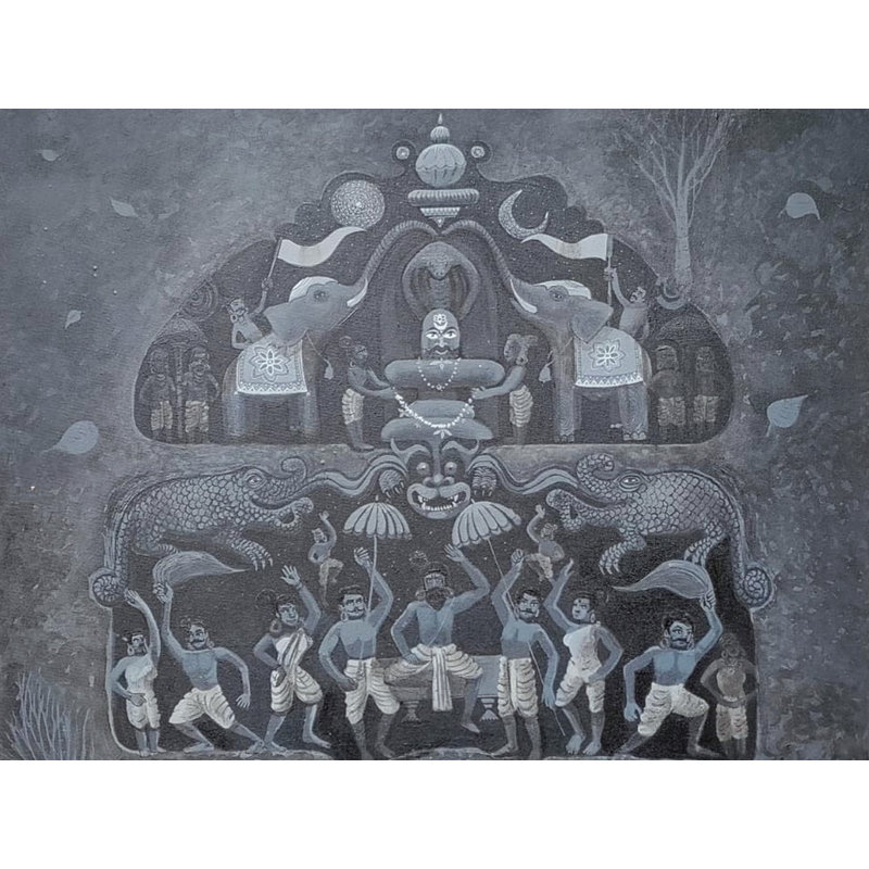 «Tamil Story - Large Indian Folk», art sur toile acrylique par Harshad Godbole, décoration murale monochrome, 60 po x 36 po