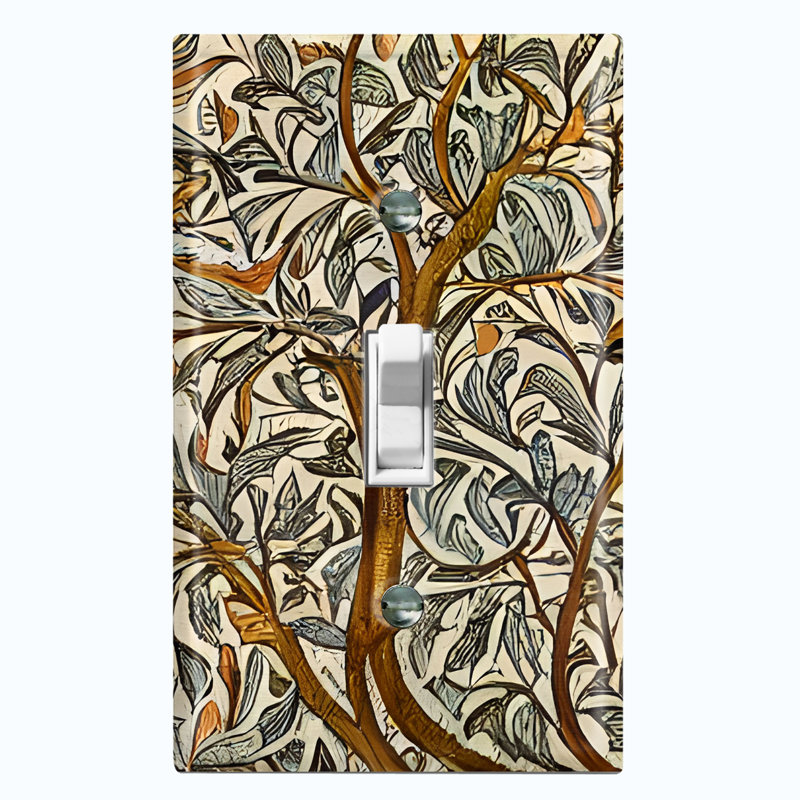 Metal Light Switch Plate Outlet Cover (Autumn Tree Branch Beige Art Print - Single Toggle)