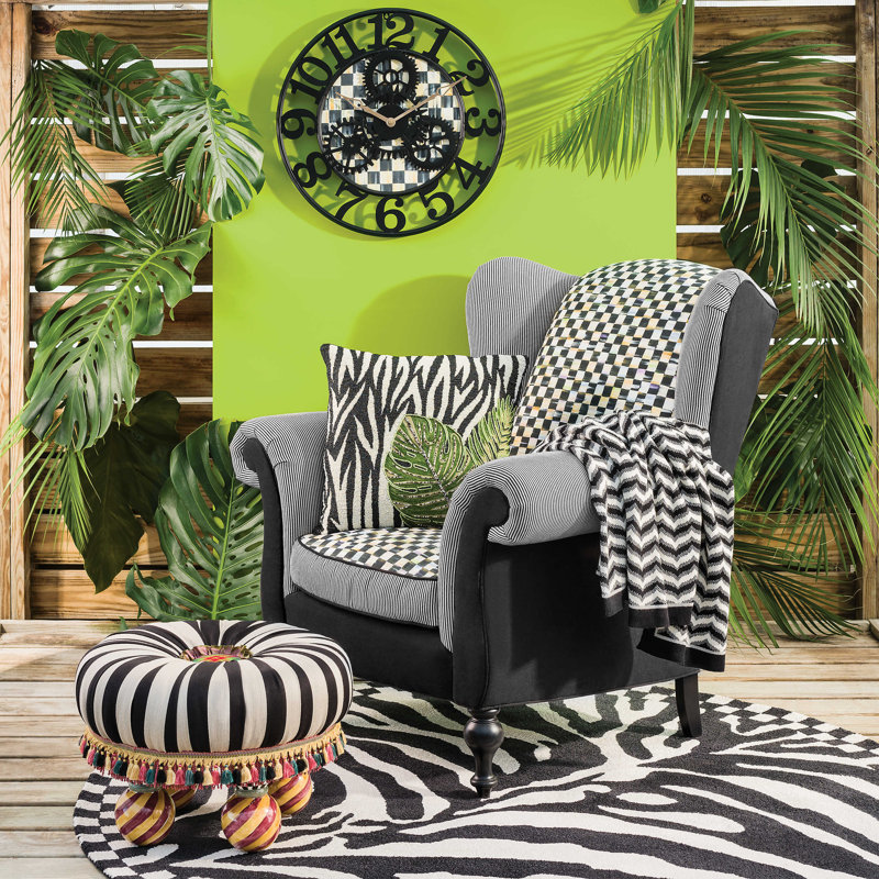 Classic Black and Beige Striped Satin Round Tuffet with Ceramic Legs