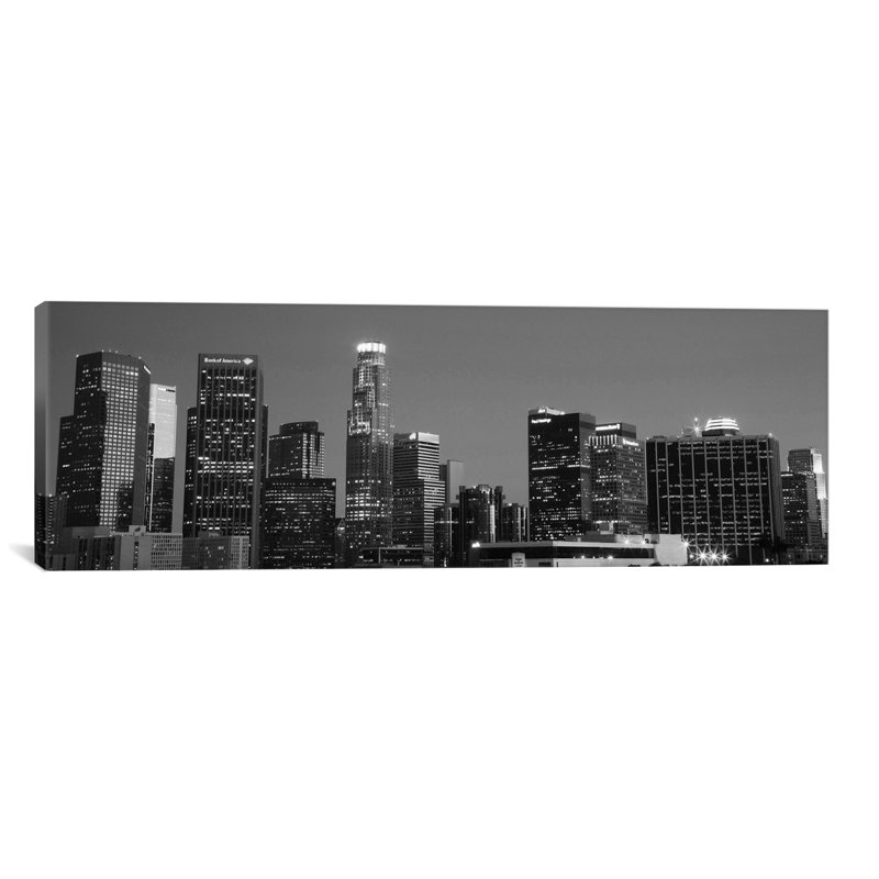 «Los Angeles Skyline Cityscape», reproduction de photo sur toile en noir et gris, H 12 po x l 36 po x P 1,5 po, Toile tendue