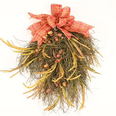 Faux Pinecone Olive Fall Front Door Swag Wreath with Ribbon