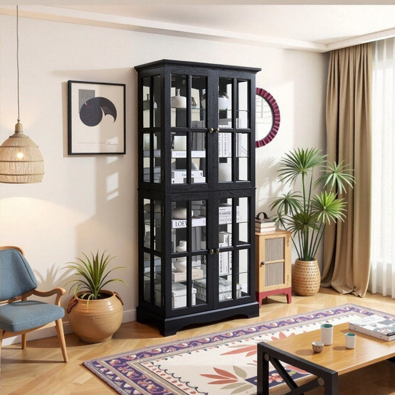 Large 4 Door Glass Display Cabinet With Light Bulb Included - Antique Vintage Bookshelf Adjustable Shelves, Black