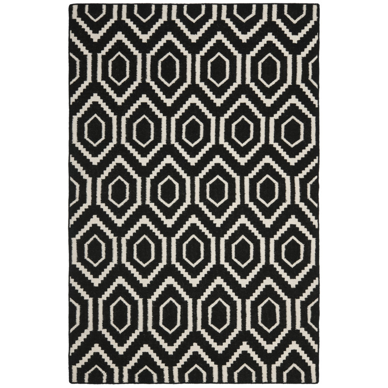 Tapis noir / ivoire en laine et coton tissé à la main Bullock, Rectangle 3 pi x 5 pi