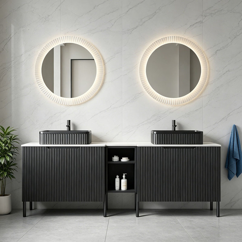 Meuble-lavabo double autoportant 72 po avec lavabos 72 po, 2 armoires de rangement rayées 30 po + tablette ouverte amovible 12 po, 2 vasques rectangulaires avec comptoir blanc Carrara