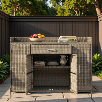 Outdoor Weather-proof Rattan Storage Cabinet With Tempered Glass Desktop, Large Drawer And Adjustable Shelves