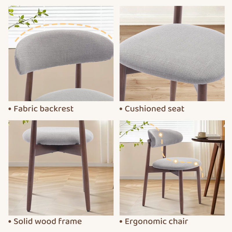  Solid Wood Upholstered Dining Chair - Ergonomic Curved Back, Comfort Fabric, Light Grey Fabric, Walnut
