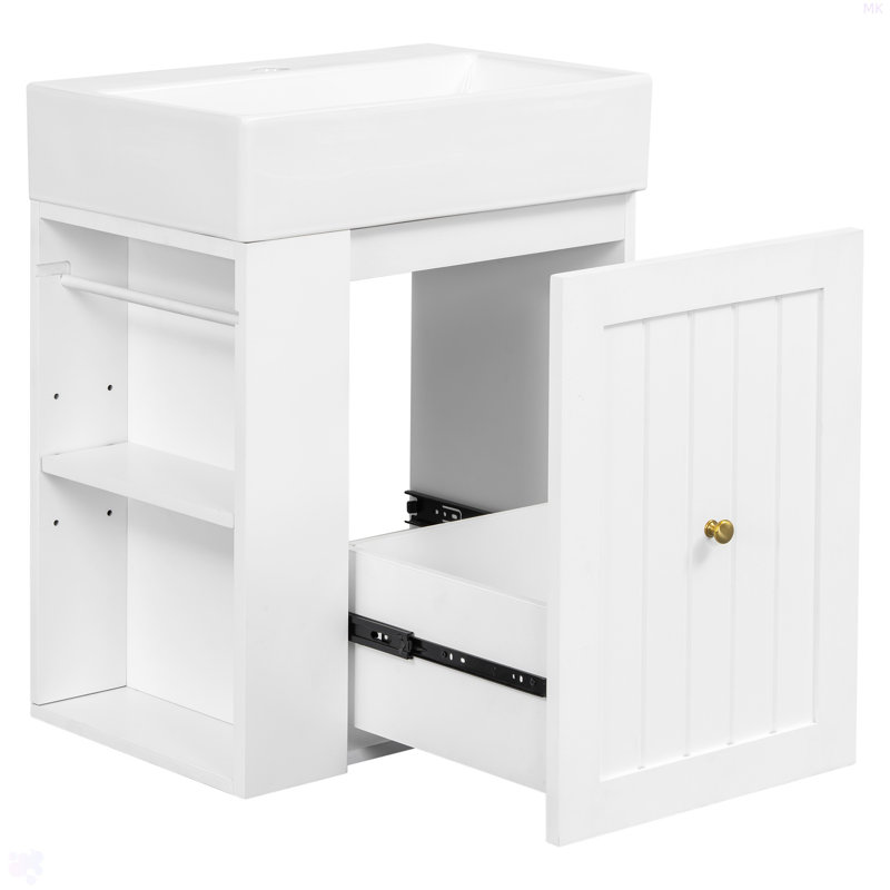 Meuble-lavabo de 20 pouces avec lavabo en céramique, armoire de rangement en panneau de fibres à densité moyenne avec tiroir, tablette latérale et poignée dorée - meuble-lavabo moderne pour les petites salles de bain