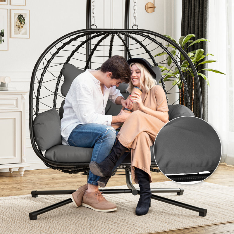 Double Wicker Swing Egg Chair Hammock Foldable Hanging Loveseat with Stand, Gray