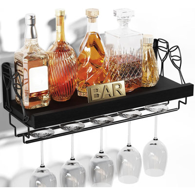 Support à vin avec porte-verres à pied, support à verres à vin de 17 pouces, tablette murale flottante, tablette murale en bois pour la cuisine, la salle à manger, le bar, le salon, etc., noir