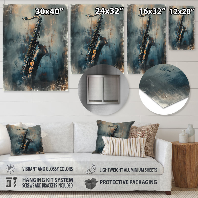 Gris saxophone Sizzle Portrait - musique Jazz Wall Art salon, Métal métal, 44" H x 34" W