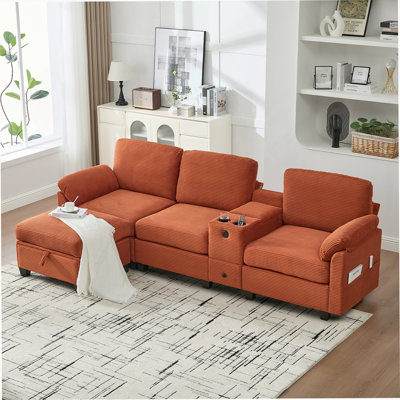 L-Type Multifunctional Corduroy Sofa With 4-Seater Segmented Design, Cup Holder, USB Interface, Storage Box, Movable Console And Ottoman Storage