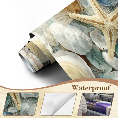 Papier peint à peler et coller, étoile de mer, bleu sarcelle, océan, nature, réalisme, nautique, étoile de mer, peintures murales, papier peint amovible, adhésif en PVC, H 100 po x l 144 po, pour chambre à coucher, bureau à domicile
