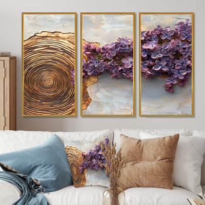 Lilacs Flowers Into A Wooden Slide Pattern IV - Lilacs Wall Art Decor - 3 Pieces