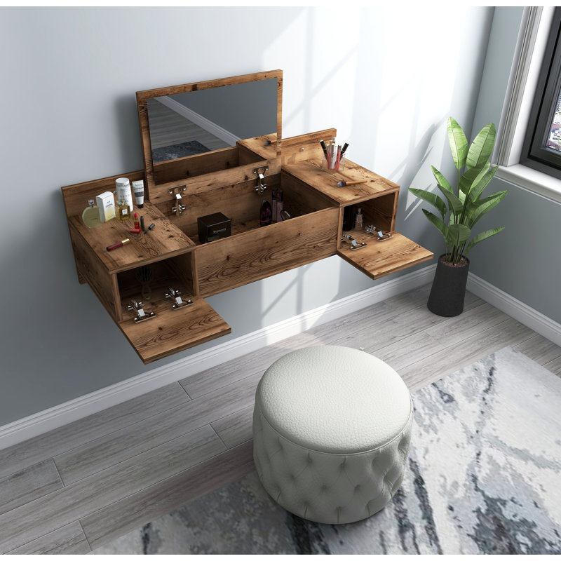 Makeup Vanity Table with Mirror Wall Mounted Mcgriff Bertus, Brown