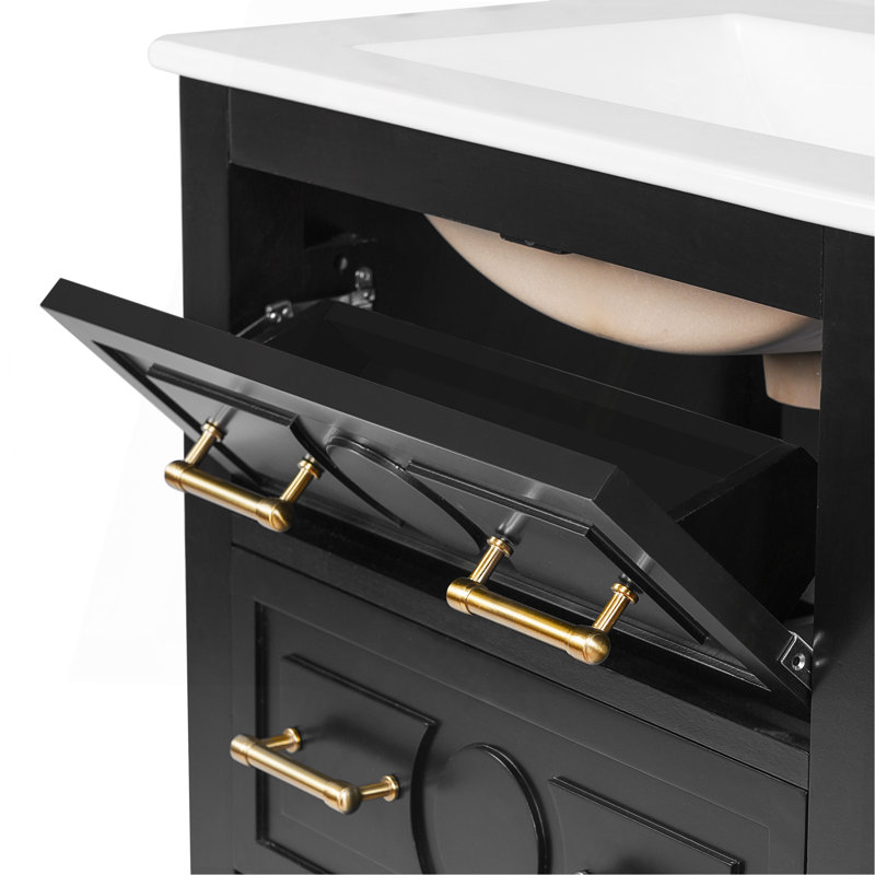 Ensemble de meuble-lavabo sur pied 24 po avec lavabo en céramique, ensemble de meuble-lavabo simple autoportant avec 3 tiroirs et cadre en bois massif