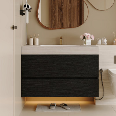 Meuble-lavabo flottant avec comptoir en faux marbre et lavabo encastré en céramique, meuble-lavabo mural pour petite salle de bain