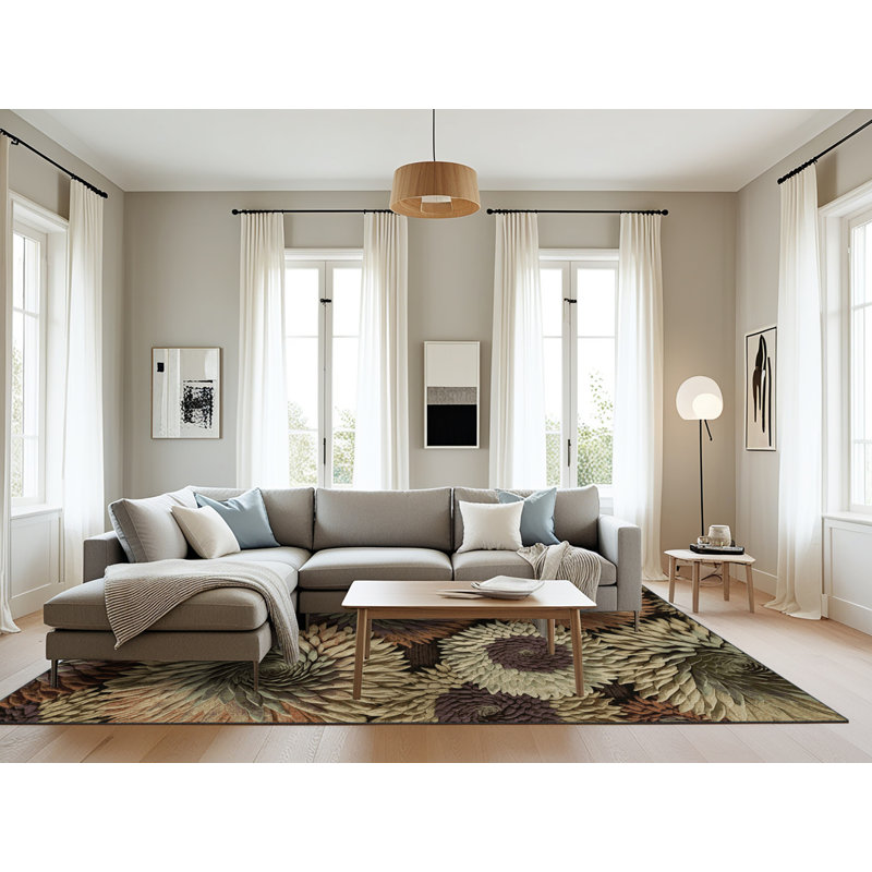 Tapis botanique brun lavable à la machine, Rectangle 8 pi x 12 pi