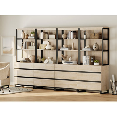 Aadam 4 PCS Modern 72" Tall Bookcase With 12 Drawers And Open Book Shelfs, Library Book Shelf With Storage Cabinet And Metal Base, Wood Freestanding Bookshelves For Home Office, Living Room