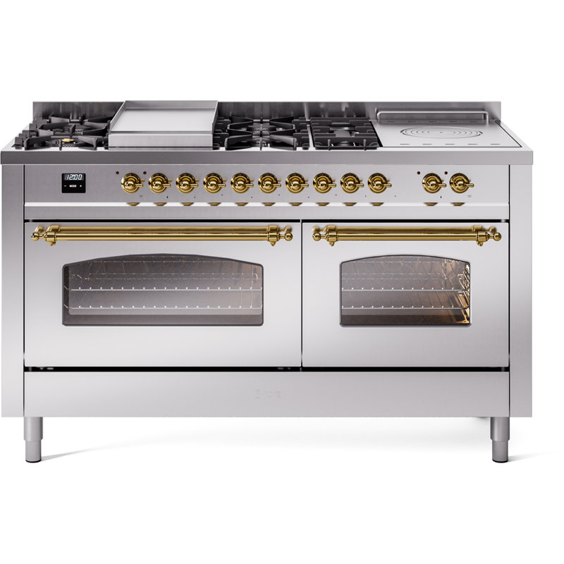 ILVE Nostalgie II 60 Dual Fuel Range, 5 Burners, Griddle, Frenchtop , Stainless Steel/Brass, Liquid Propane