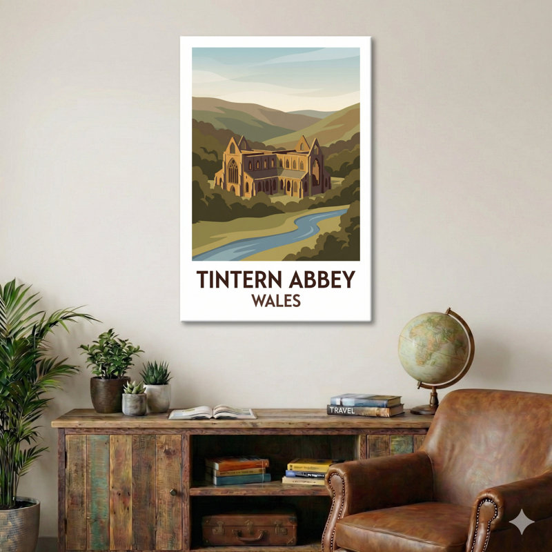 Tintern Abbey, Wales - Wye Valley Romantic Travel Poster. Giclee Print on Wrapped Canvas. Wall Art, Home Decor - Religious & Cultural Sites, Wales 1 Piece Wrapped Canvas Wall Art