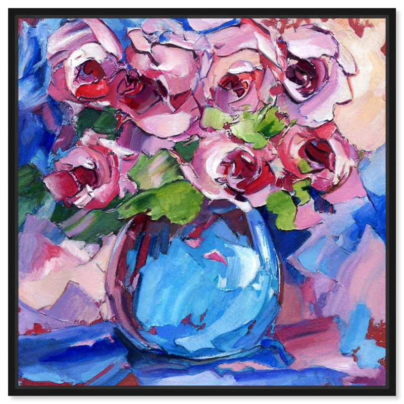 Art floral abstrait sur toile abstraite, Cadre noir, H 13 po x l 13 po