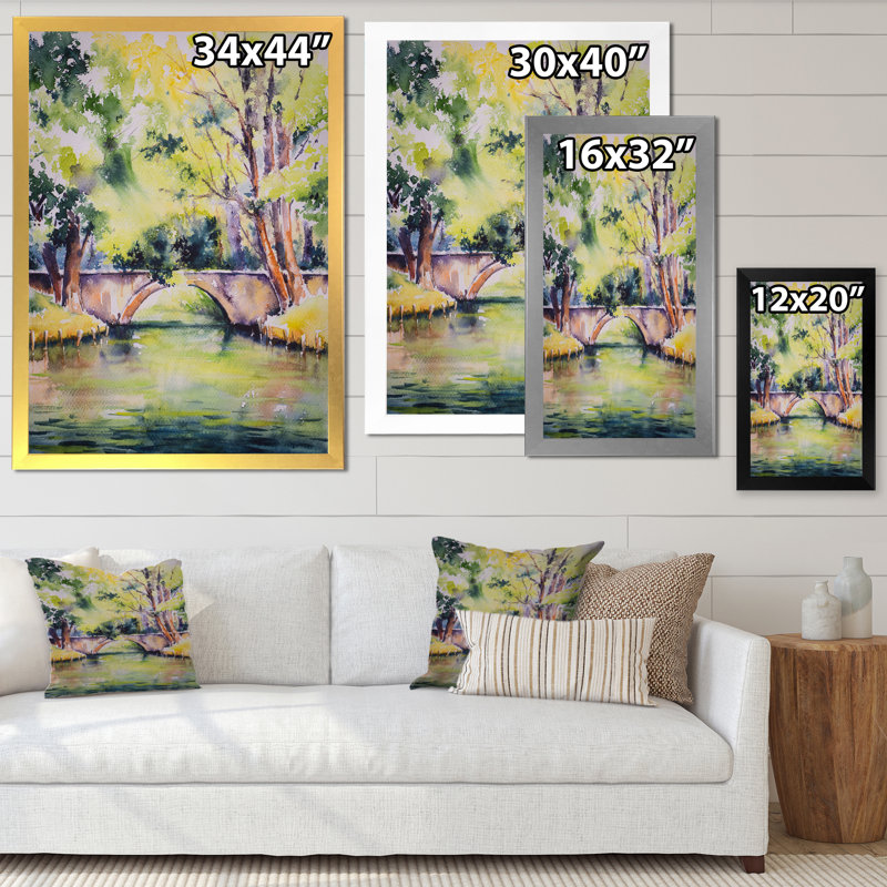 Pont sur la rivière dans un parc verdoyant - peinture sur toile, H 21,5 po x l 13,5 po, Cadre doré