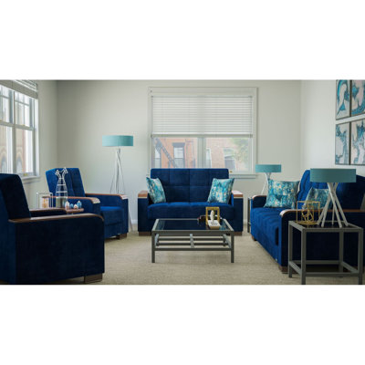 Primenest Zenaero X Collection Upholstered Convertible Wood Trimmed Loveseat With Storage, Blue Microfiber