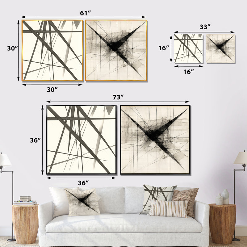 Minimaliste noir et blanc - ensemble de 2 collages de formes abstraites carrées, Cadre flottant doré, H 16 po x l 33 po