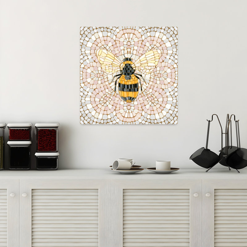 Art contemporain mosaïque botanique II avec abeilles, H 18 po x l 18 po