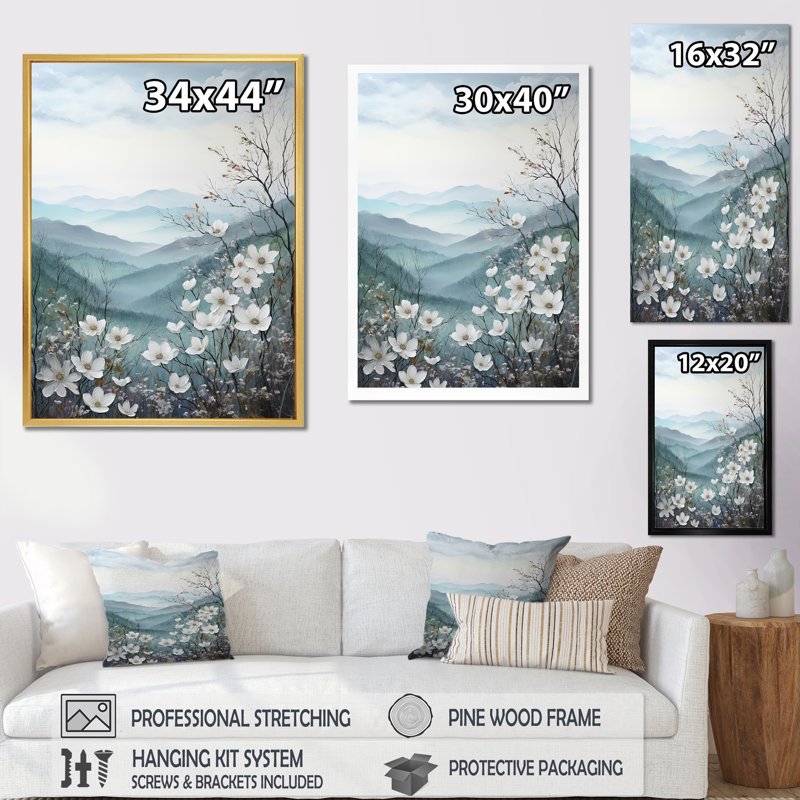 Fleurs de cornouiller japonais II - reproduction sur toile, Cadre flottant doré, H 32 po x l 16 po x P 1 po